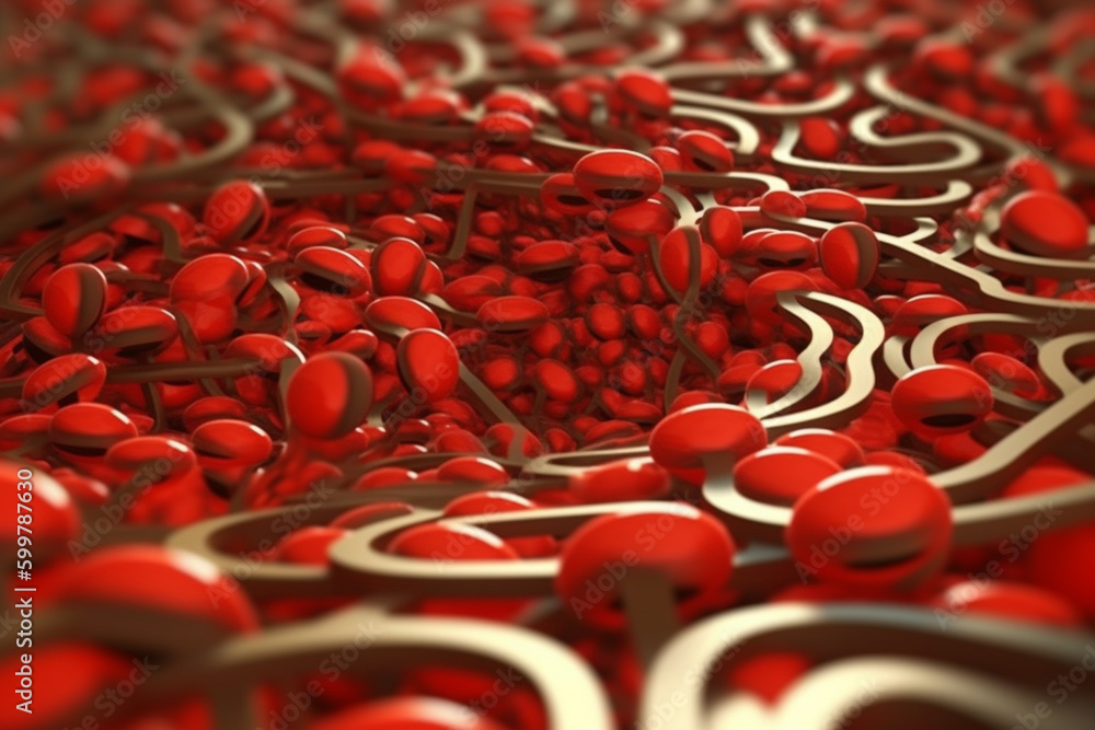 Poster A digital illustration of blood cells flowing through a maze-like structure.  Generative AI technology..