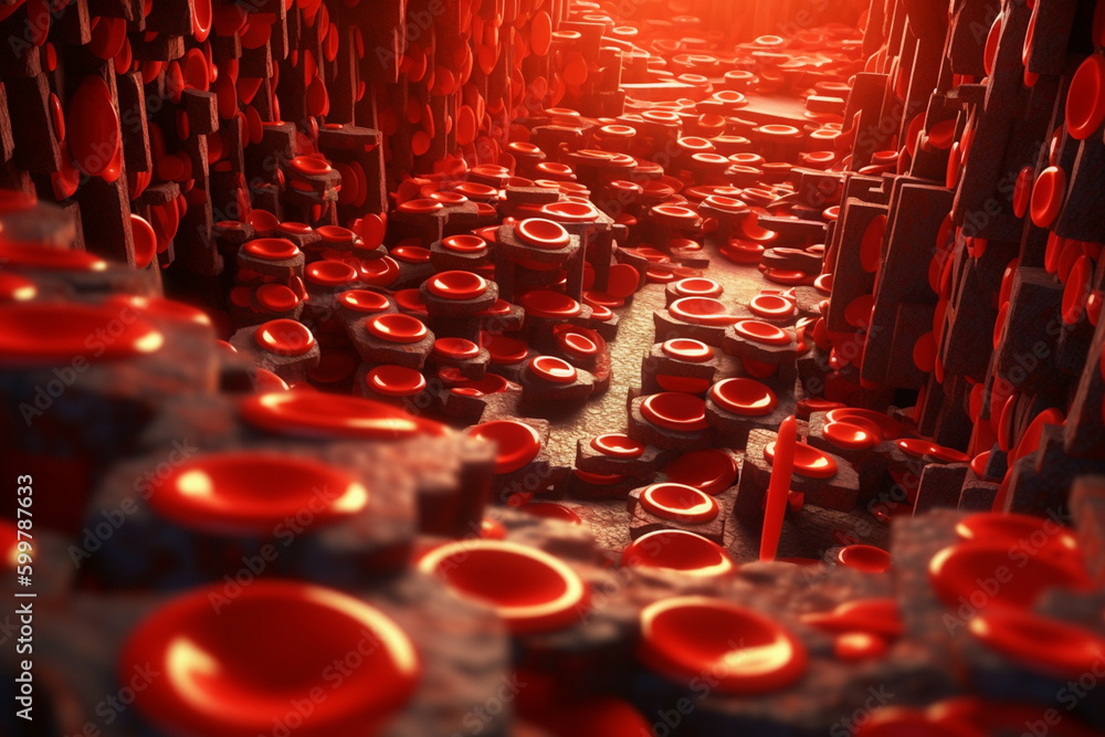 Poster a digital illustration of blood cells flowing through a maze-like structure. generative ai technolog