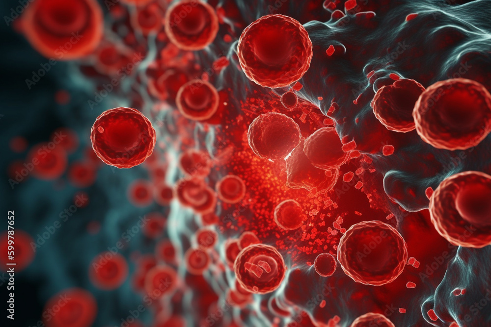 Poster A blood cells and plasma flowing through a capillary. Generative AI technology..