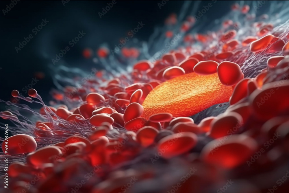 Poster A blood cells and plasma flowing through a capillary. Generative AI technology..