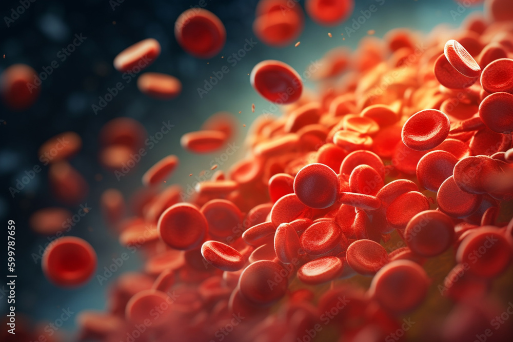 Poster a digital illustration of platelets forming a clot to stop bleeding in a blood vessel. generative ai