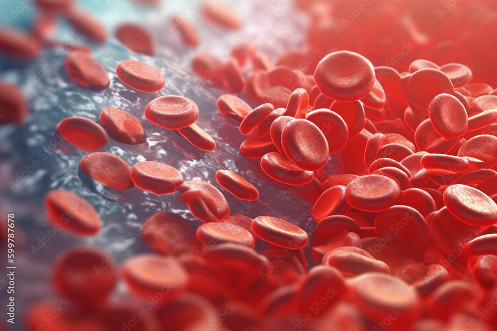 Poster a digital illustration of platelets forming a clot to stop bleeding in a blood vessel. generative ai