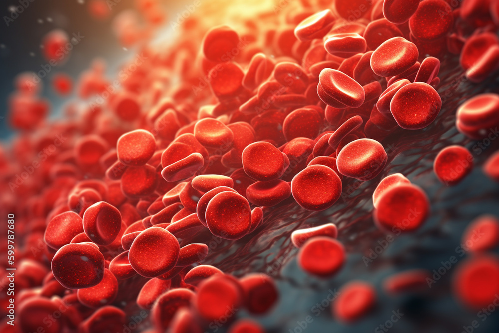 Poster a digital illustration of platelets forming a clot to stop bleeding in a blood vessel. generative ai