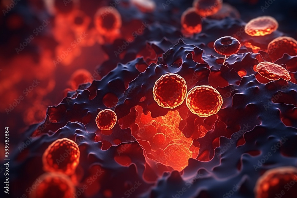 Poster An abstract image of blood cells and plasma in a fractal-like pattern.  Generative AI technology..