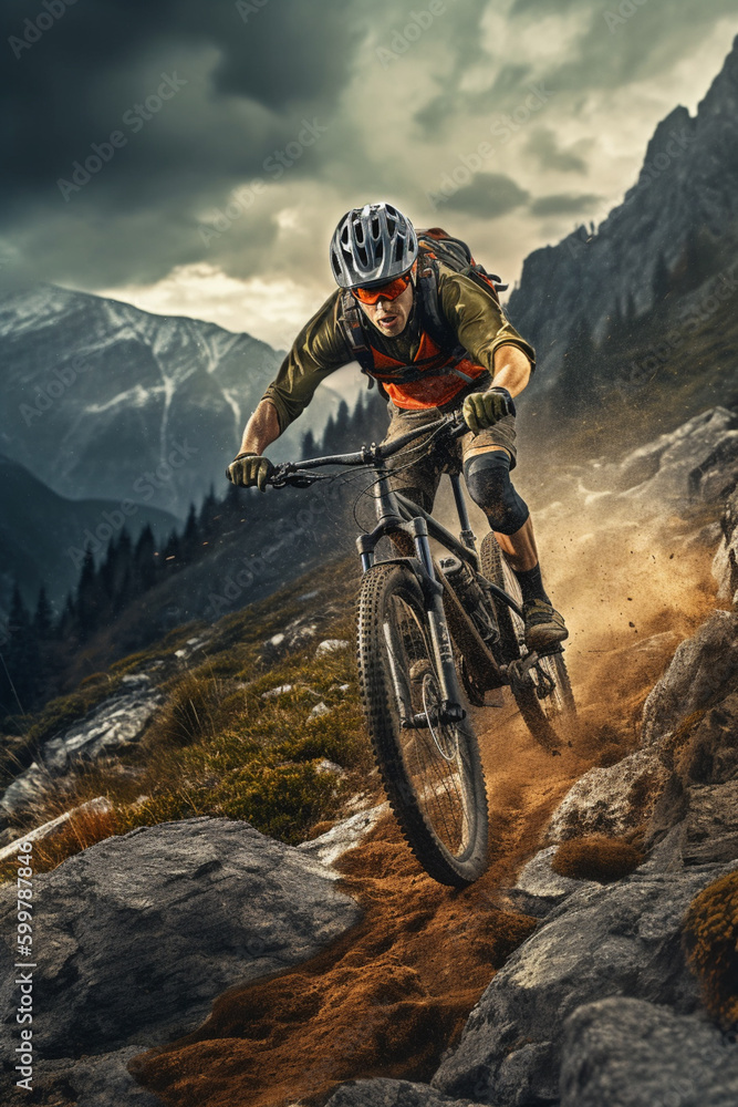 Poster an action shot of a mountain biker riding a rugged trail with stunning natural scenery in the backgr