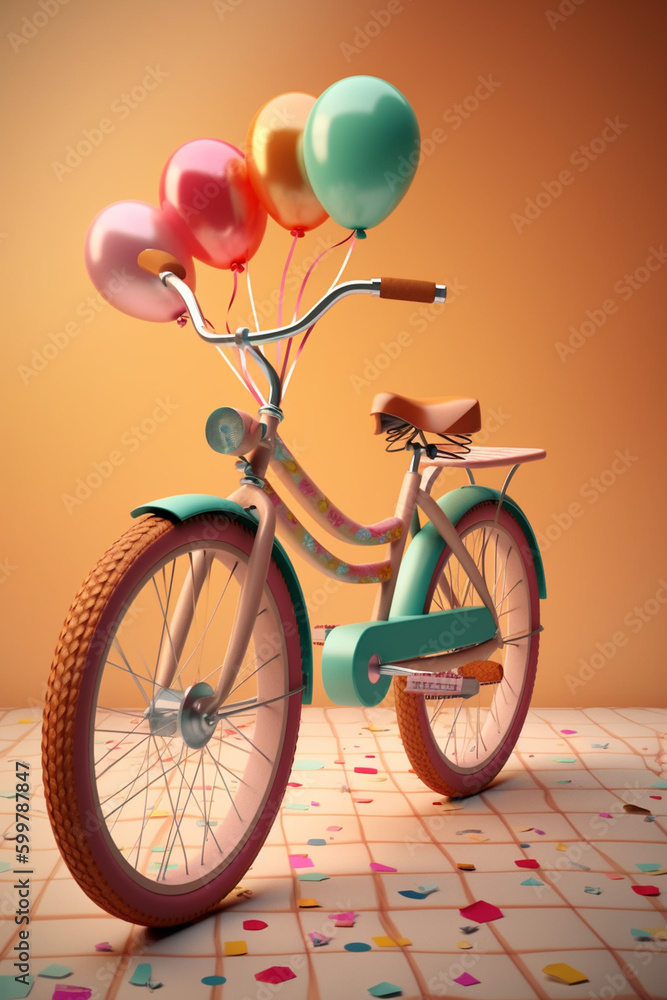 Poster a vintage-inspired cruiser bike with a basket and colorful streamers on the handlebars. generative a