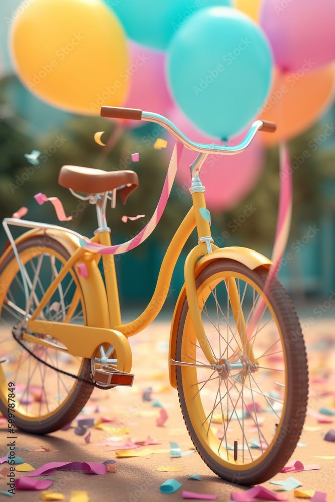 Poster a vintage-inspired cruiser bike with a basket and colorful streamers on the handlebars. generative a