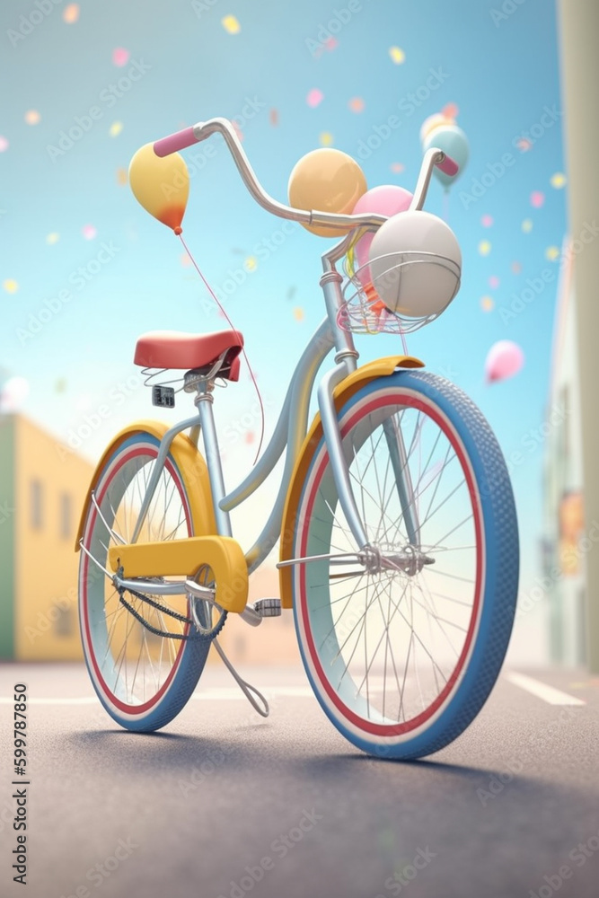 Poster a vintage-inspired cruiser bike with a basket and colorful streamers on the handlebars. generative a