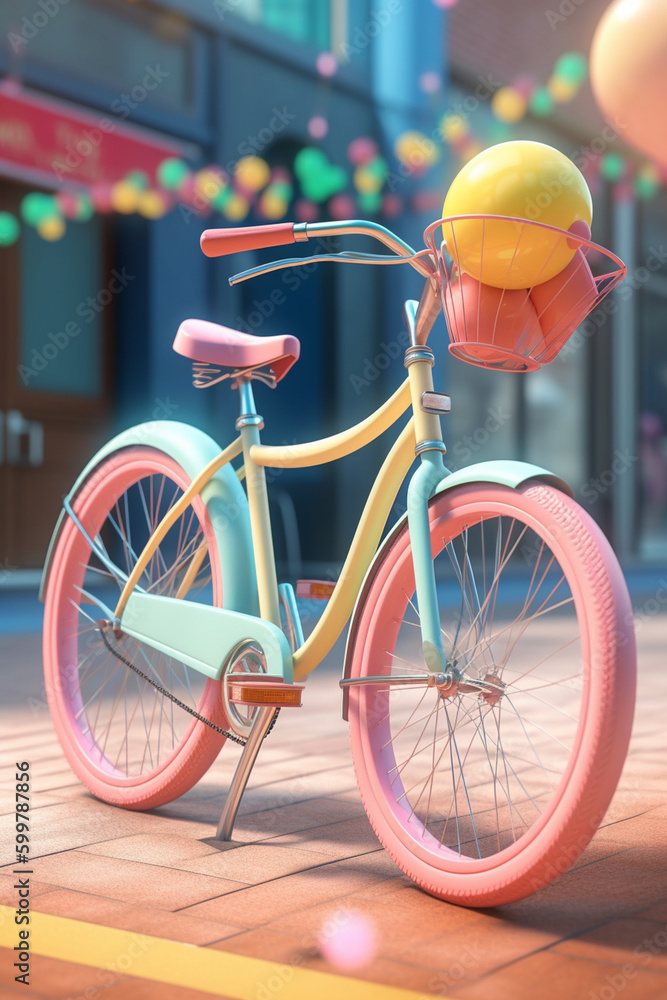 Poster a vintage-inspired cruiser bike with a basket and colorful streamers on the handlebars. generative a