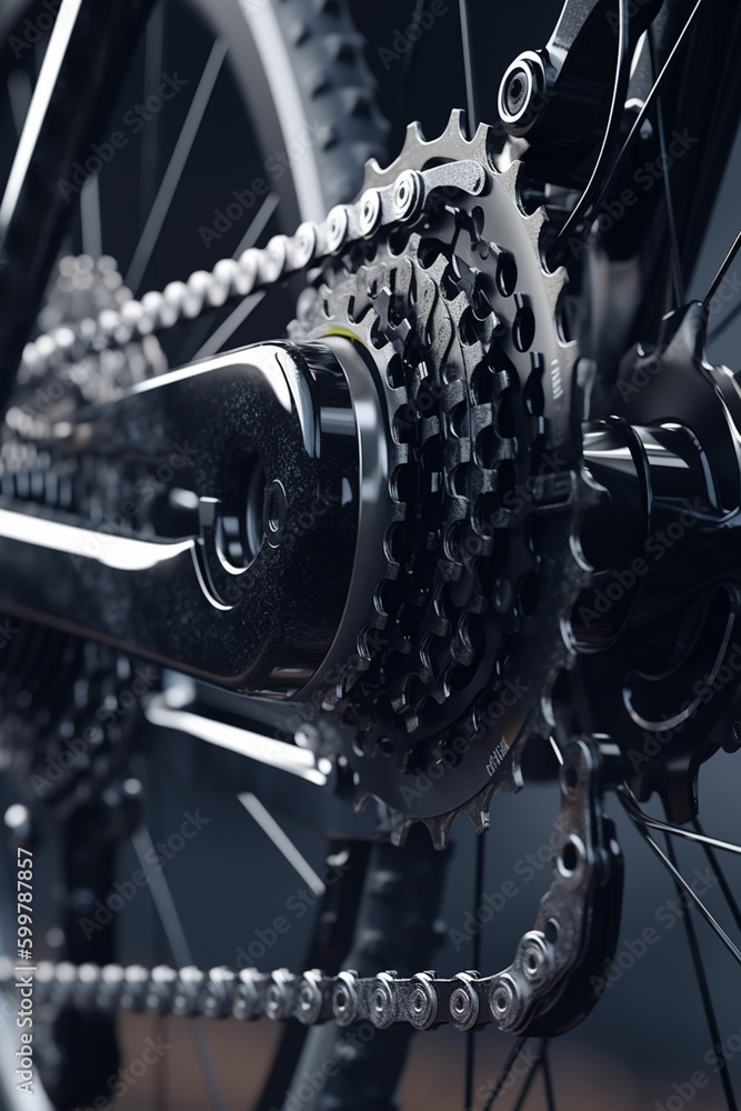 Poster a detailed shot of a modern bike chain and derailleur system. generative ai technology..