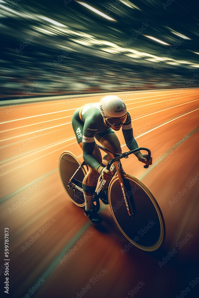 Poster a shot of a cyclist racing through a velodrome track. generative ai technology..
