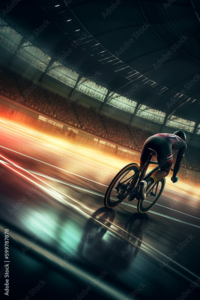 Poster a shot of a cyclist racing through a velodrome track. generative ai technology..