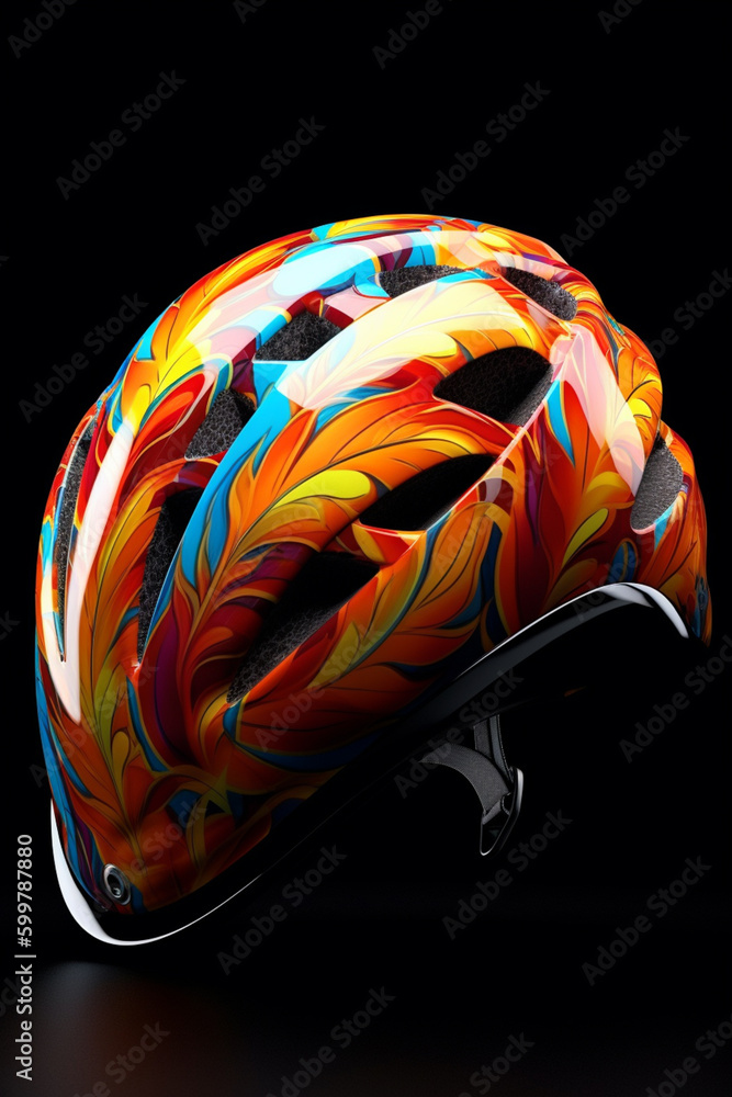 Poster a colorful and artistic bike helmet with unique patterns or designs. generative ai technology..