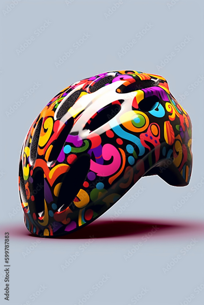 Poster a colorful and artistic bike helmet with unique patterns or designs. generative ai technology..