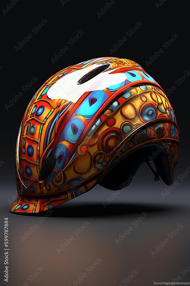 Poster a colorful and artistic bike helmet with unique patterns or designs. generative ai technology..