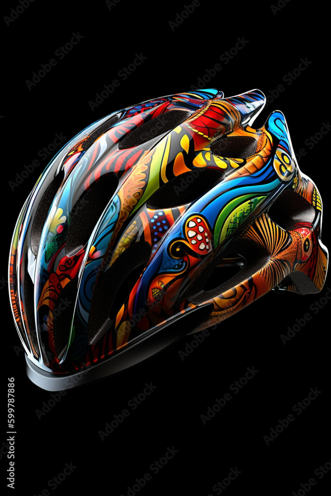 Poster a colorful and artistic bike helmet with unique patterns or designs. generative ai technology..