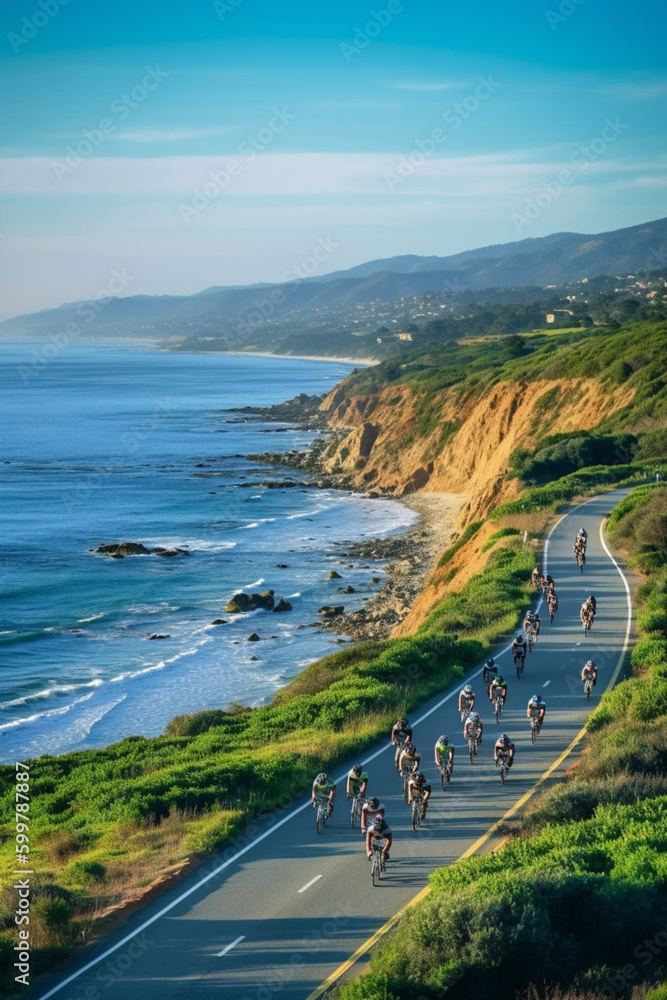 Aufkleber a panoramic shot of a group of cyclists riding along a scenic coastal road. generative ai technology