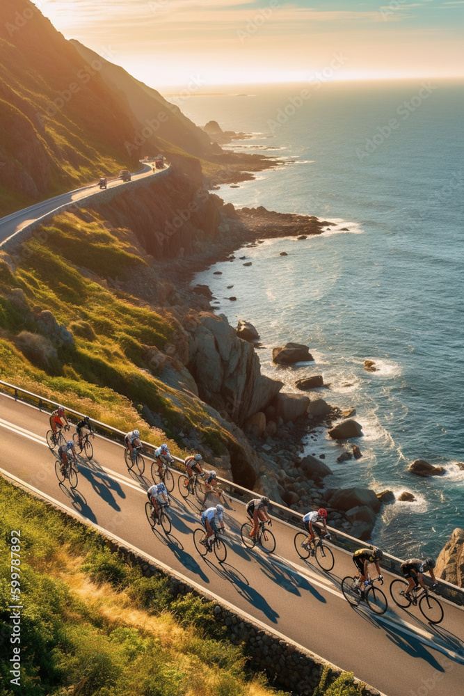 Poster A panoramic shot of a group of cyclists riding along a scenic coastal road.  Generative AI technology..