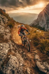 Obraz na płótnie Canvas An action shot of a mountain biker riding a rugged trail with stunning natural scenery in the background. Generative AI technology..