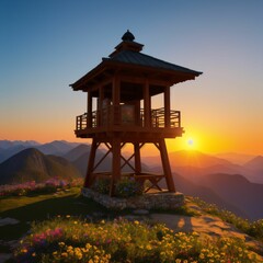 Watchtower in the mountains at sunrise created with Generative AI Technology