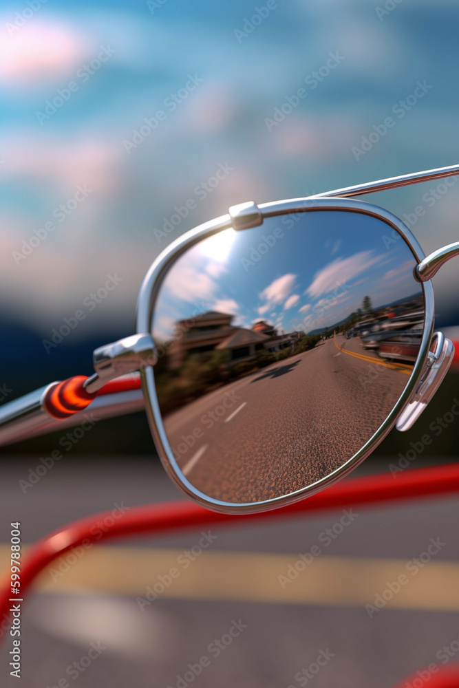 Poster A close-up of a cyclist's sunglasses, reflecting the scenery and other cyclists around them.  Generative AI technology..