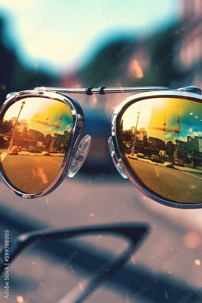Poster a close-up of a cyclist's sunglasses, reflecting the scenery and other cyclists around them. generat