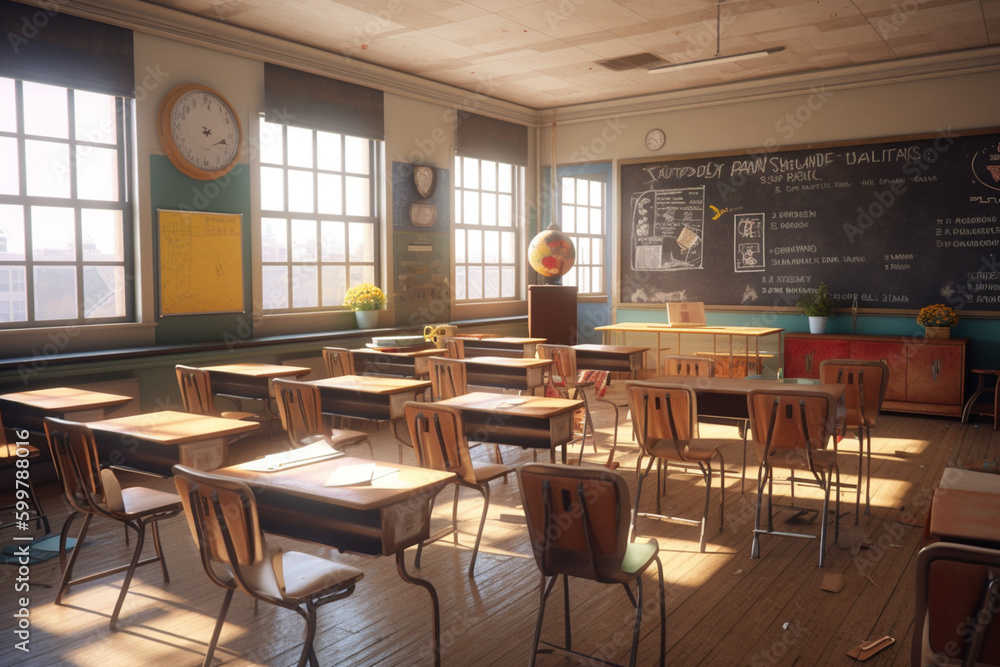 Poster a classroom with desks, chairs, and a chalkboard. generative ai technology..