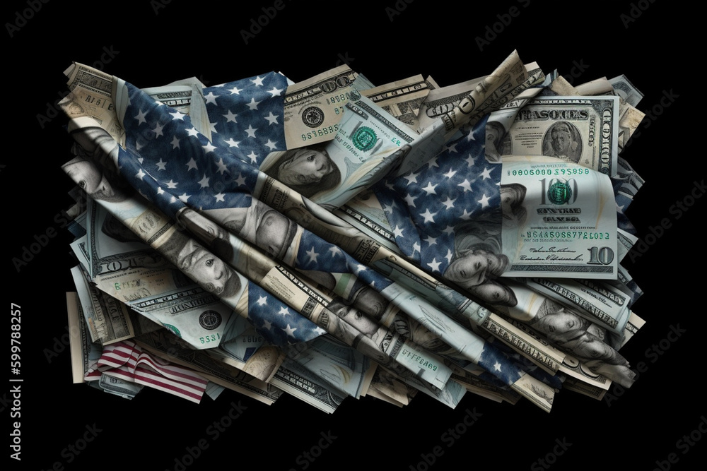 Aufkleber A US flag made out of folded dollar bills, against a dark background.  Generative AI technology..