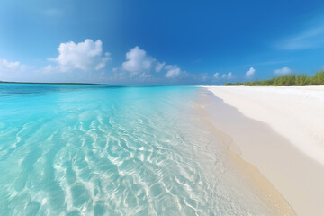 Beautiful sand beach with blue ocean. Generative AI illustration