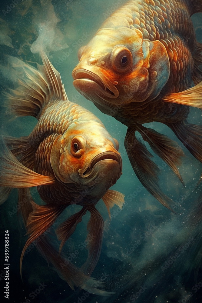 Aufkleber Pisces: An image of two fish swimming in opposite directions, representing the imagination, sensitivity, and intuition of those born under this sign. Generative AI technology..