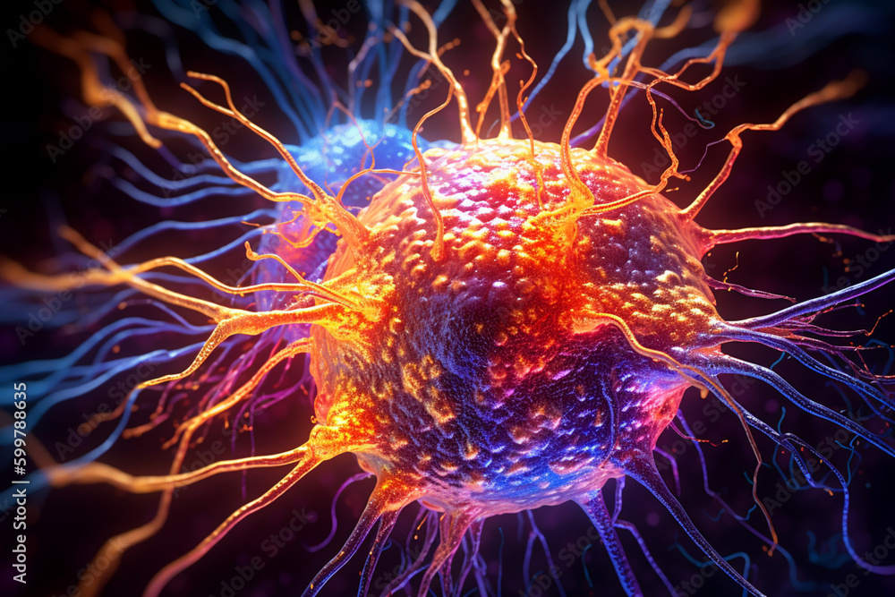 Fototapete brain with brightly colored synapses, highlighting the complex network of neurons in the brain. Generative AI technology..