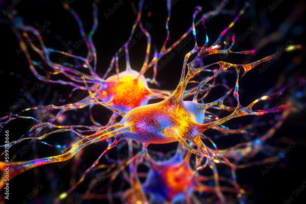 Poster brain with brightly colored synapses, highlighting the complex network of neurons in the brain. Generative AI technology..