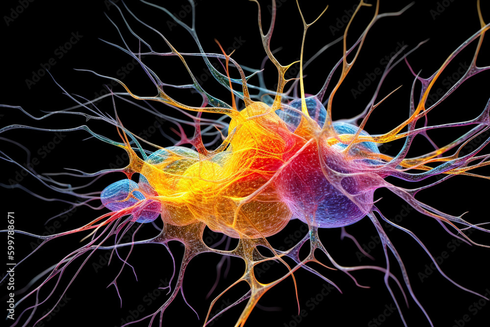 Poster brain with brightly colored synapses, highlighting the complex network of neurons in the brain. Generative AI technology..