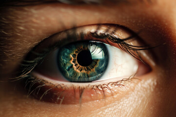 Fototapeta premium Detailed macro view of a beautiful female eye in stunning blue color. Close-up of the iris, pupil and lashes with focus on the optical anatomy. Perfect for of beauty and anatomy. AI Generative.