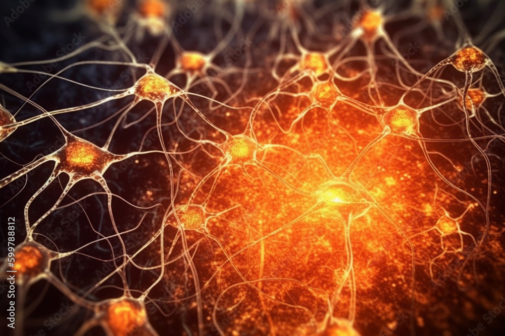 Fototapete A micrograph image of synapses in the brain, showing the tiny gaps between neurons where neurotransmitters are released.  Generative AI technology..