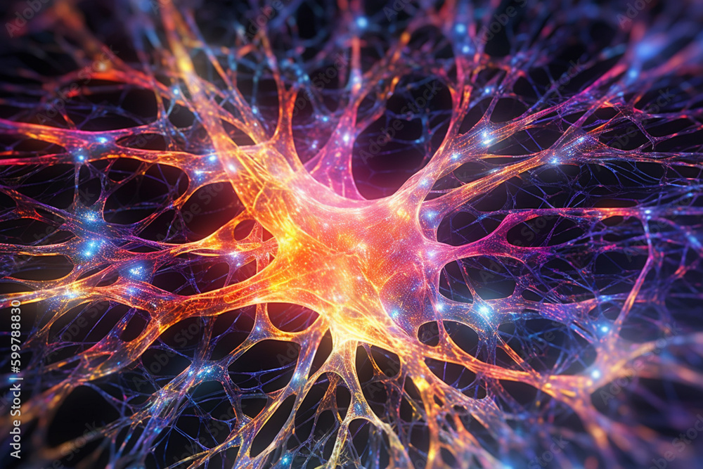 Leinwandbilder An abstract image of the brain with shimmering, multicolored synapses, representing the complex web of neural connections in the brain. Generative AI technology..