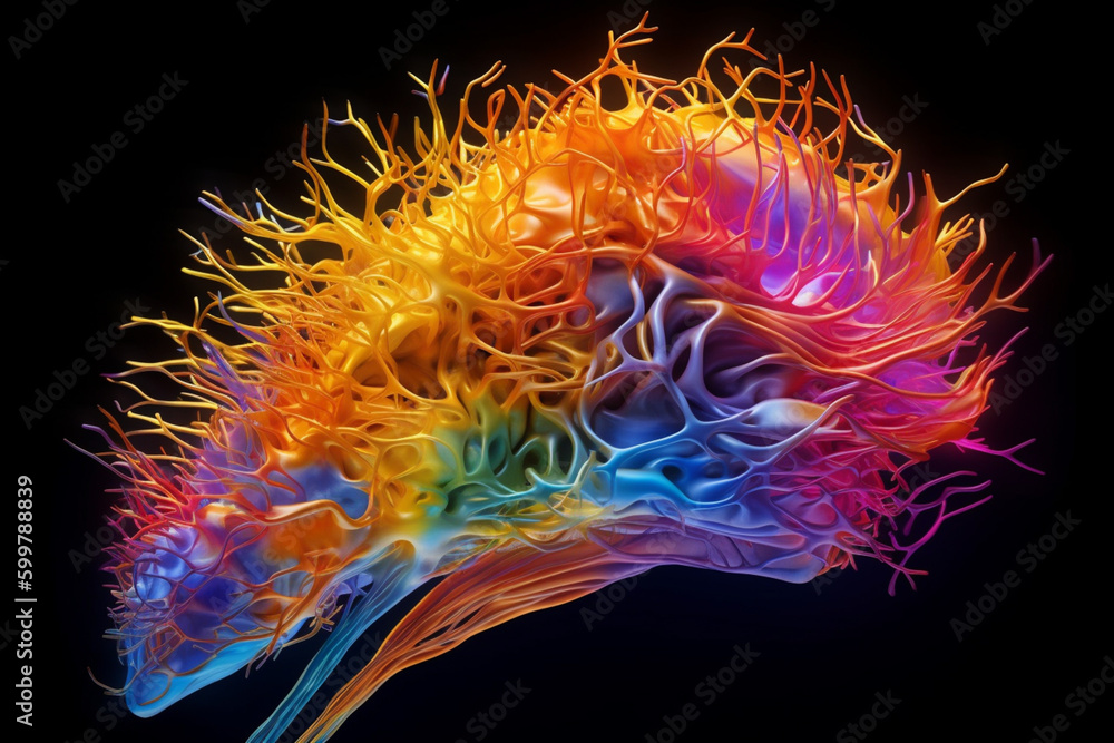 Leinwandbilder An abstract image of the brain with shimmering, multicolored synapses, representing the complex web of neural connections in the brain. Generative AI technology..