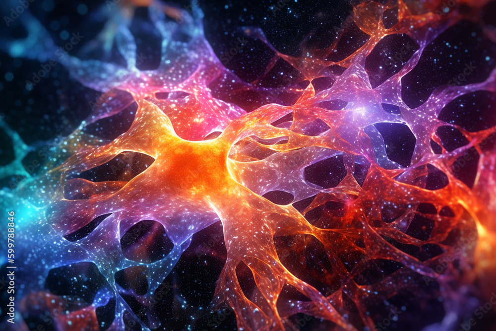 Fototapete An abstract image of the brain with shimmering, multicolored synapses, representing the complex web of neural connections in the brain. Generative AI technology..