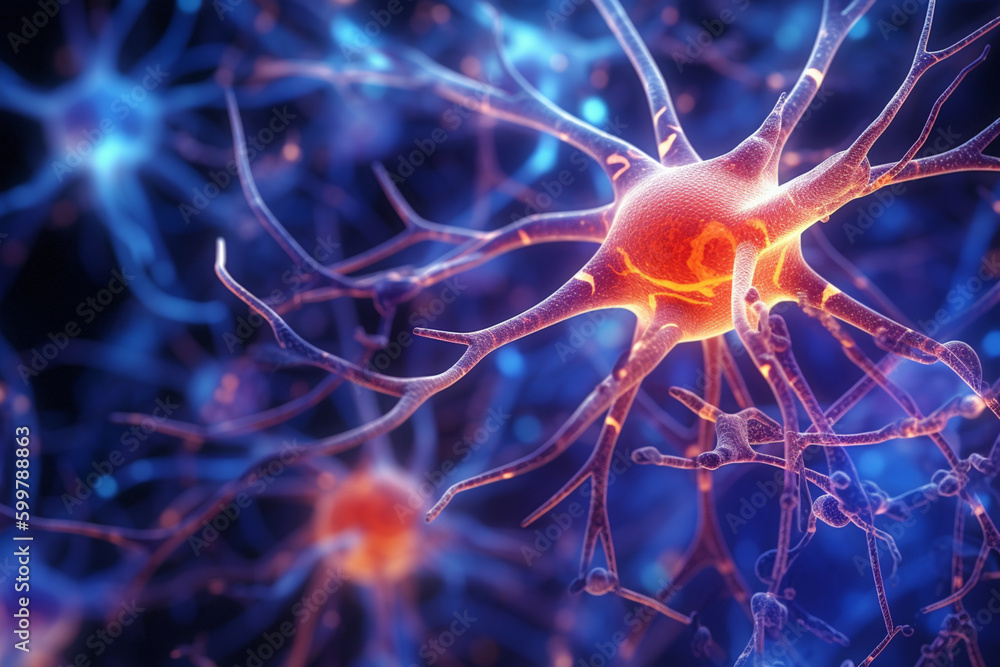 Fototapete A detailed illustration of a neuron with synapses and dendrites, highlighting the importance of these structures in transmitting information.  Generative AI technology..