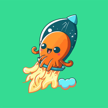 An octopus shaped flying rocket that shoots out fire, a cute mascot for animals, vehicles, and technology, with a flat cartoonish design