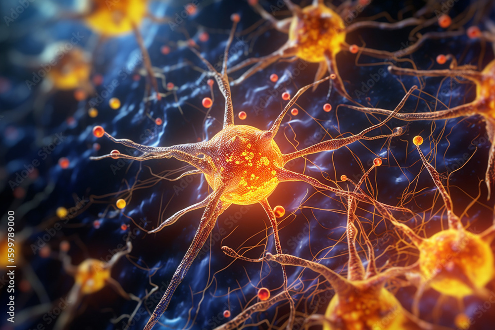 Fototapete A close-up image of a synapse with neurotransmitter molecules floating nearby, illustrating the process of chemical communication in the brain. Generative AI technology..