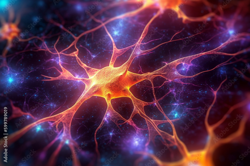 Fototapete a digital illustration of a neuron with synapses and dendrites, surrounded by swirling, vibrant colo
