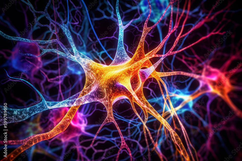 Fototapete a micrograph image of synapses in the brain, with a black background and bright, vivid colors highli