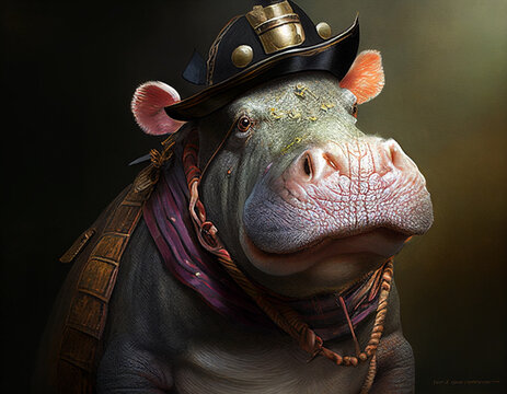 Oil Painting of a Hippo Dressed Like a Pirate | Generative AI