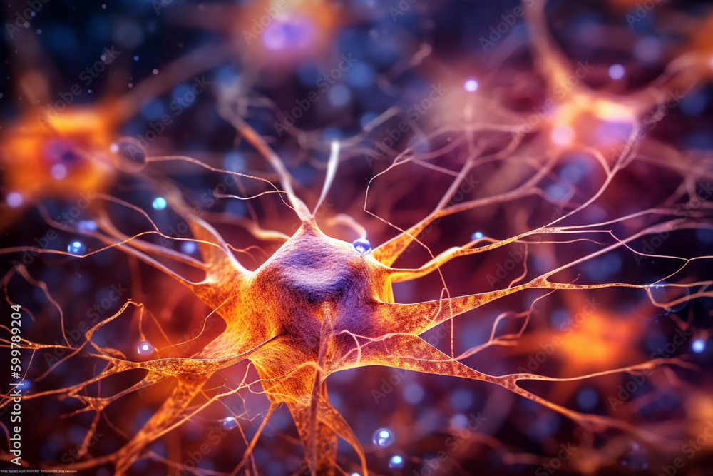 Leinwandbilder A microscopic image of synapses in the brain, showing the tiny gaps between neurons where neurotransmitters are released.  Generative AI technology..