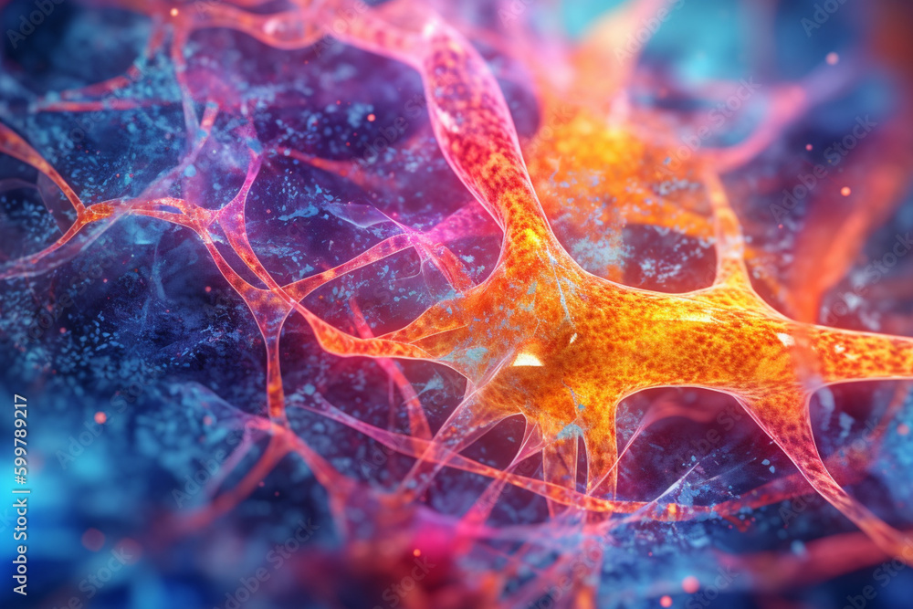 Poster An artistic representation of the brain's synapses, featuring a vibrant, multicolored web of interconnected neurons. Generative AI technology..