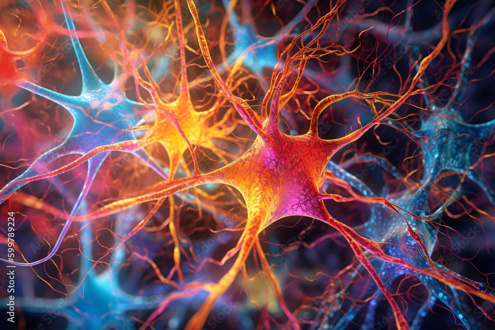 Poster An artistic representation of the brain's synapses, featuring a vibrant, multicolored web of interconnected neurons. Generative AI technology..