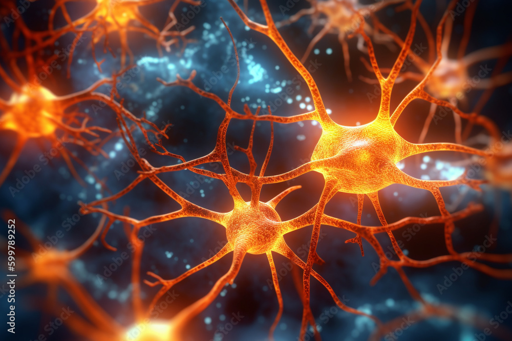 Leinwandbilder A close-up image of a neuron with dendrites and numerous synapses, illustrating the importance of these structures in neural communication.  Generative AI technology..