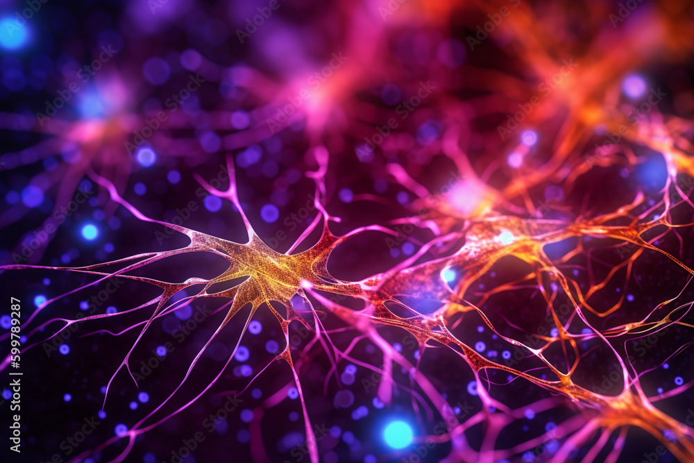 Fototapete A micrograph image of synapses in the brain, with a dark background and bright, vivid colors highlighting the intricate connections.  Generative AI technology..