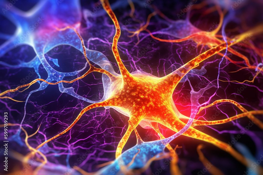 Leinwandbilder A micrograph image of synapses in the brain, with a dark background and bright, vivid colors highlighting the intricate connections.  Generative AI technology..